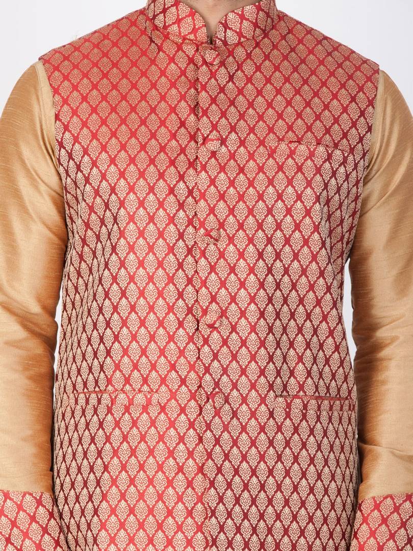 Men's Maroon 
Cotton Blend
 Woven Design Nehru Jackets